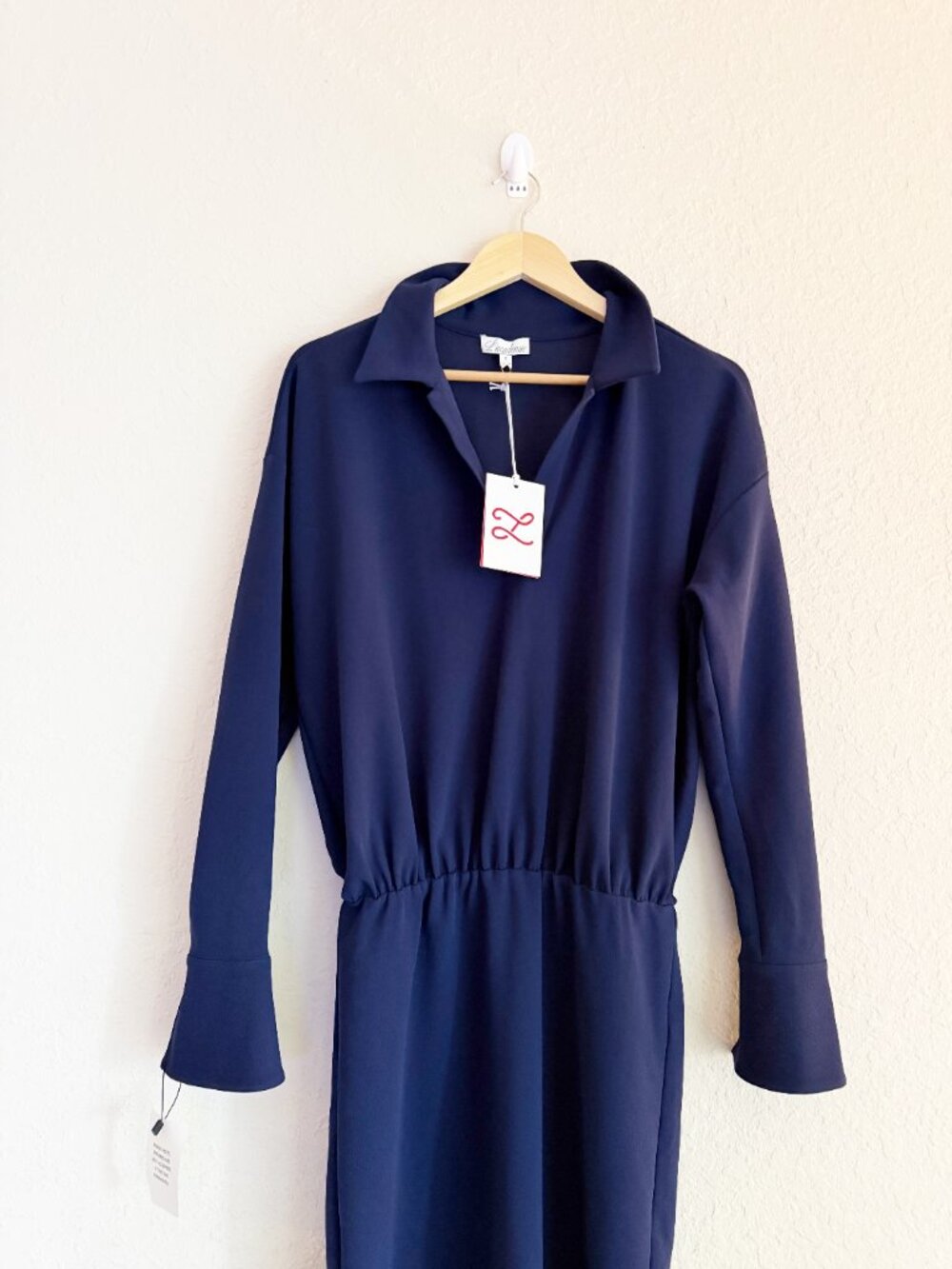 L’Academie Navy Blue Collared Long Sleeve Drop Waist Midi Dress Size S NWT - Picture 3 of 6
